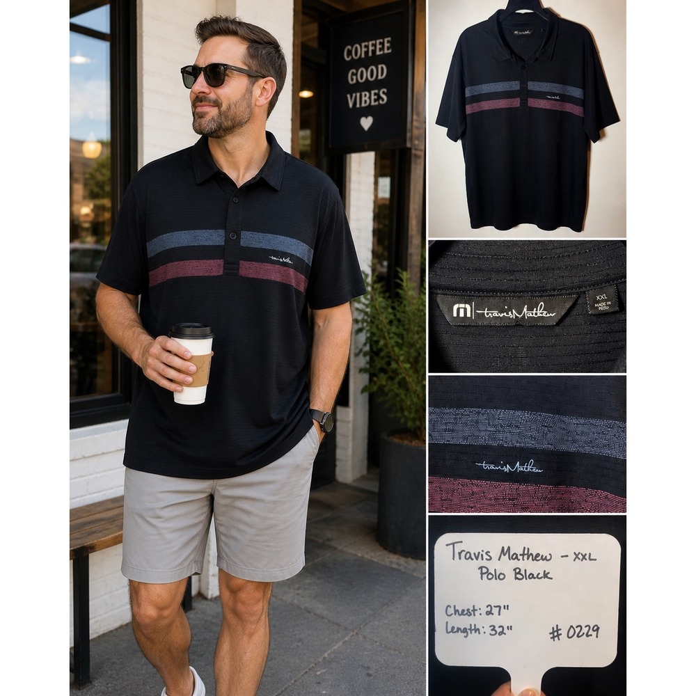 Travis Mathew Mens‎ XXL Black Striped Pima Cotton Blend Short Sleeve Golf Polo
